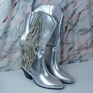 🚜🍒 Ouepiano Metallic Silver Fringe Western Boots